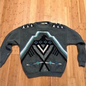 Men's Crewneck Geometric Knit Sweater - Gray with Teal & Black Accents